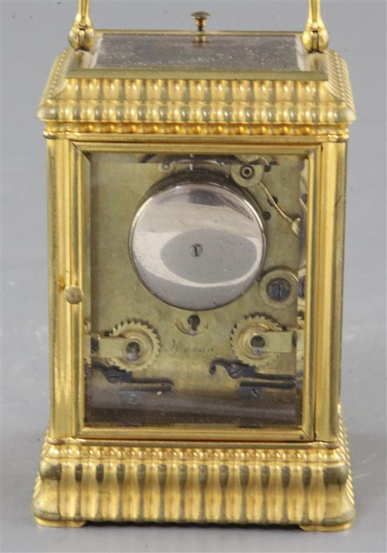 An Henri Jacot gorge-variant ormolu cased hour repeating carriage clock, 4.75in. with leather travelling case.